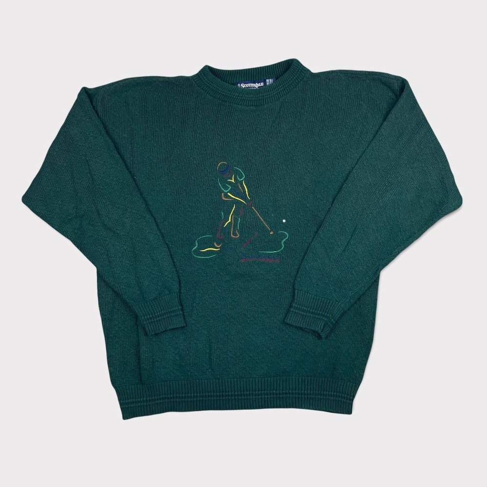Vintage Scottish Isle Bernette Hand Framed Green Golf Embroidered Sweater USA XL